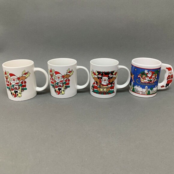 Sanyei Coffee Cups Christmas Santa Claus Reindeer Multicolor 3 3/4" Lot of 4 - Picture 6 of 10